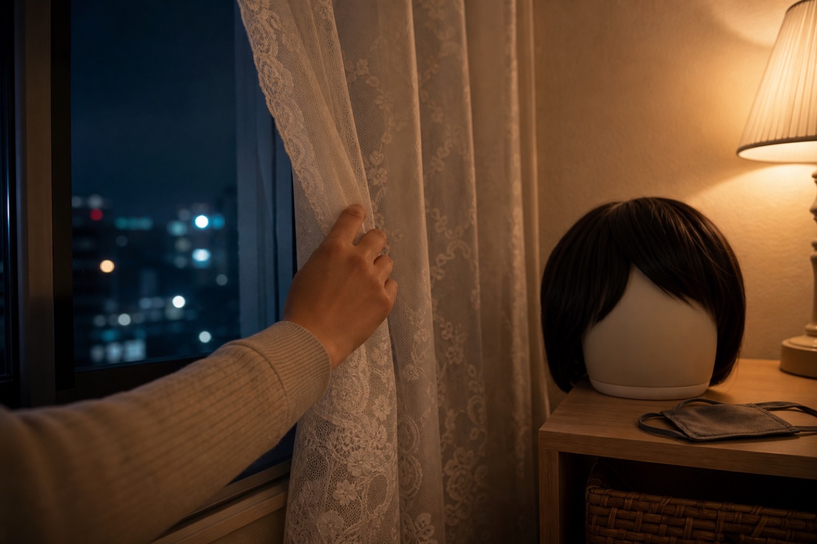 夜の窓辺でカーテンを開ける女性。棚にウィッグとマスクが置かれている